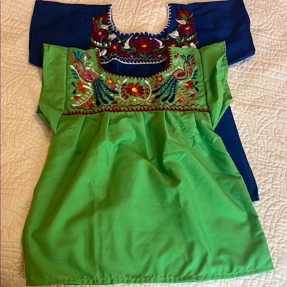 NWOT Girls Embroidered Green and Blue Blouses (Set of 2)